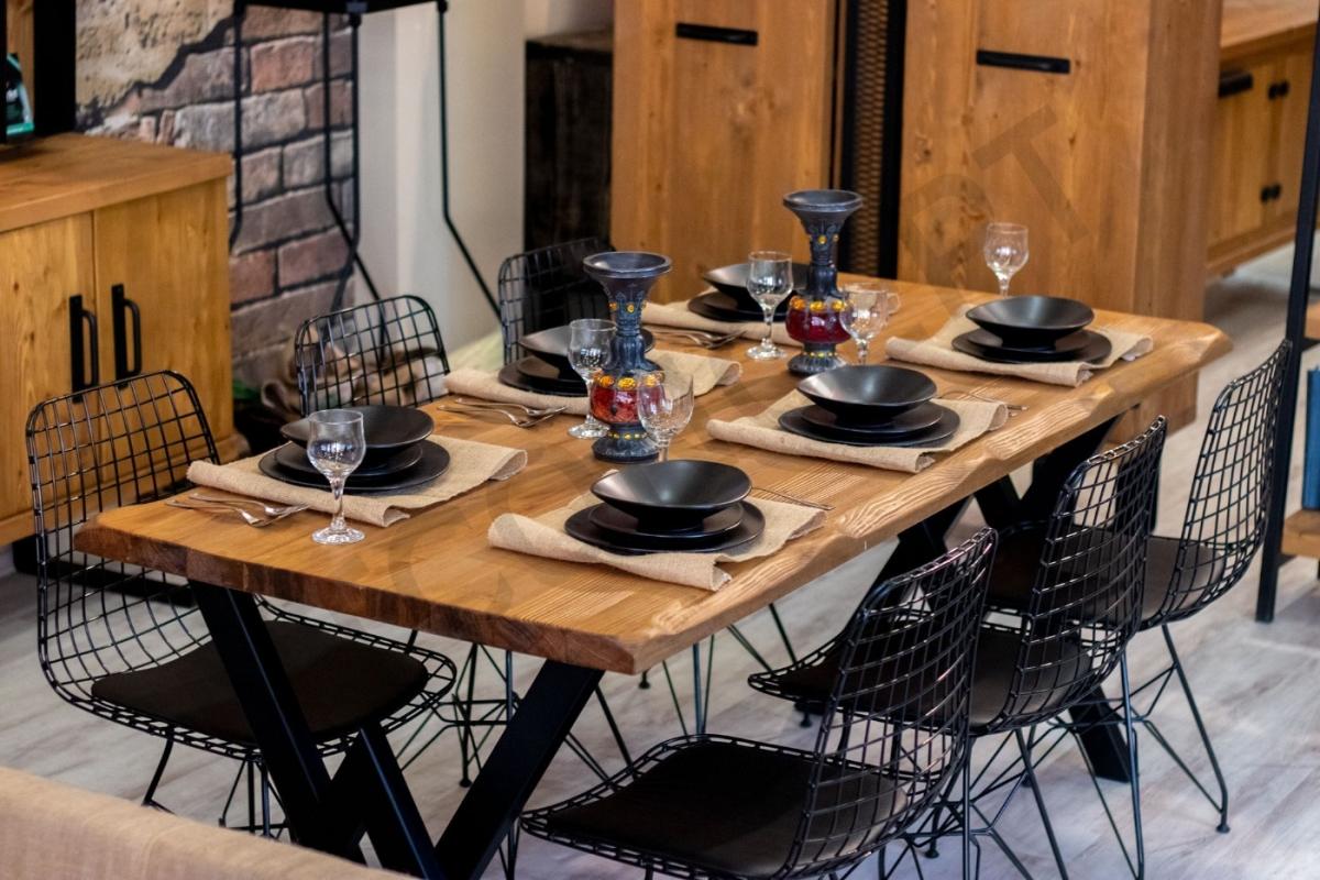 Ntdesign Açık Ceviz Renk Dalgalı Kenar V Ayak Tel Sandalyeli Doğal Ahşap Yemek Masası Takımı