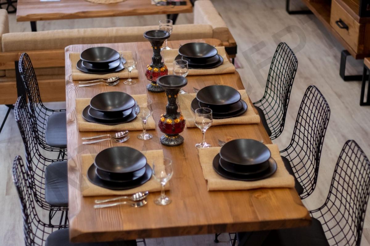 Ntdesign Açık Ceviz Renk Dalgalı Kenar V Ayak Tel Sandalyeli Doğal Ahşap Yemek Masası Takımı