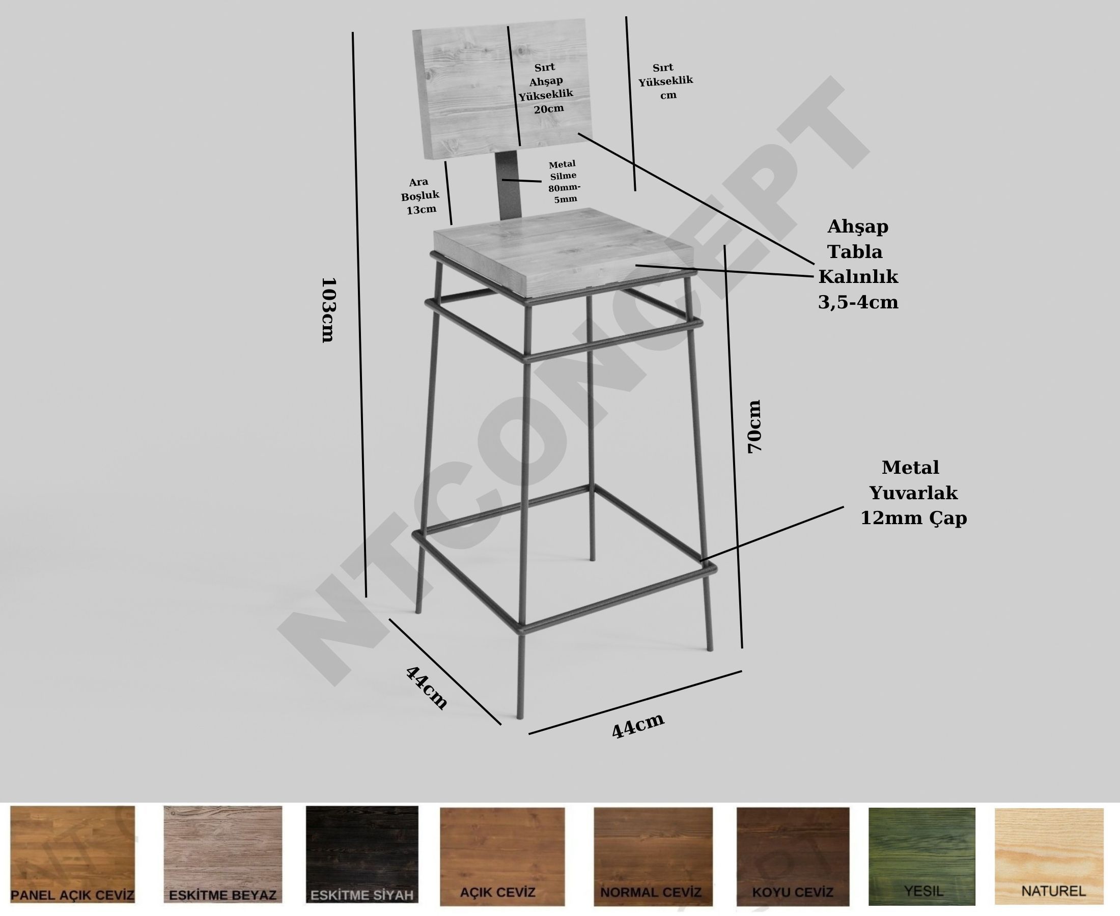Ntconcept Masif Ahşap Bar Sandalyesi