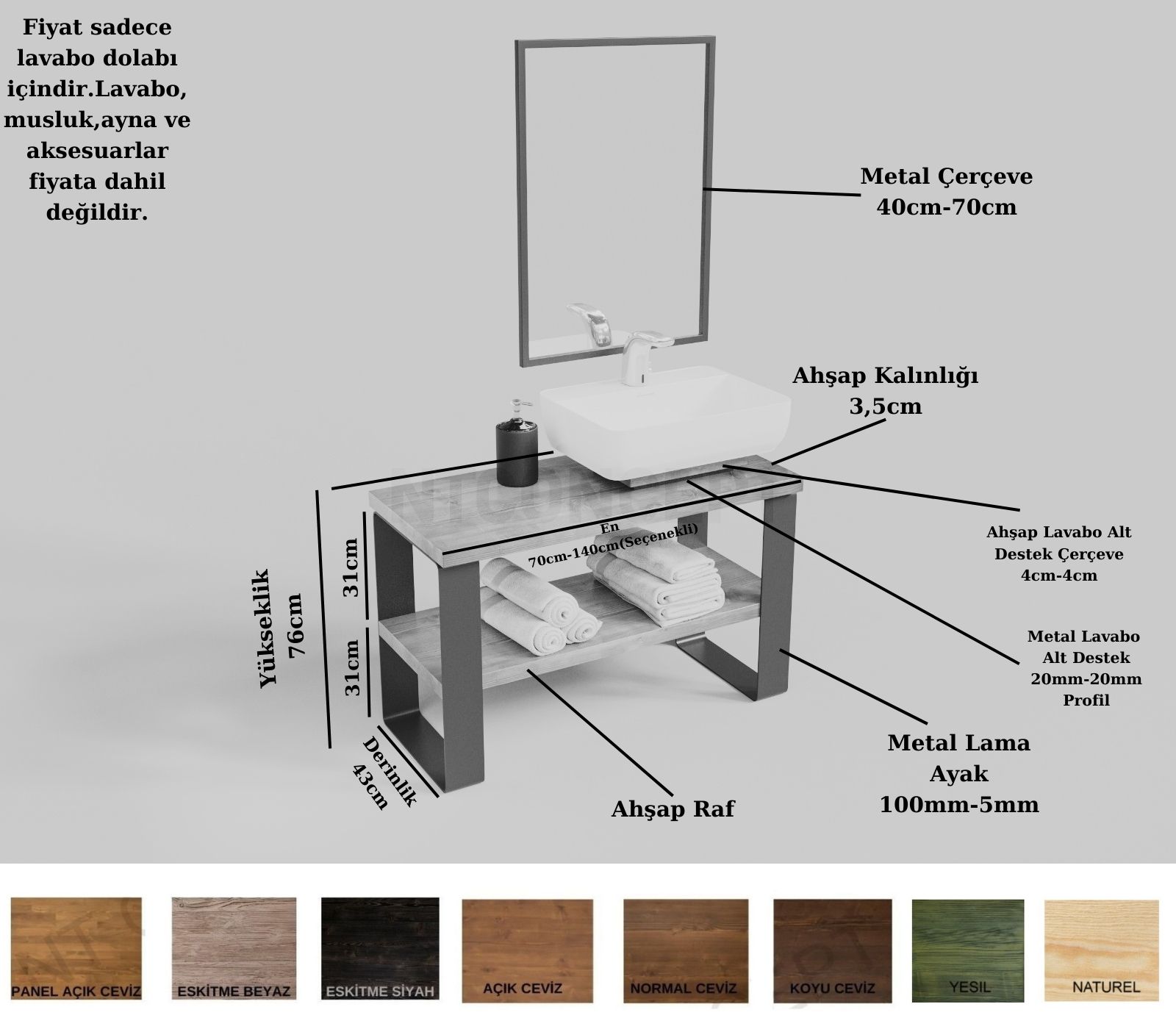 Ntconcept Sina Ayna Çerçeveli Masif Ahşap Lavabo Dolabı Hilton