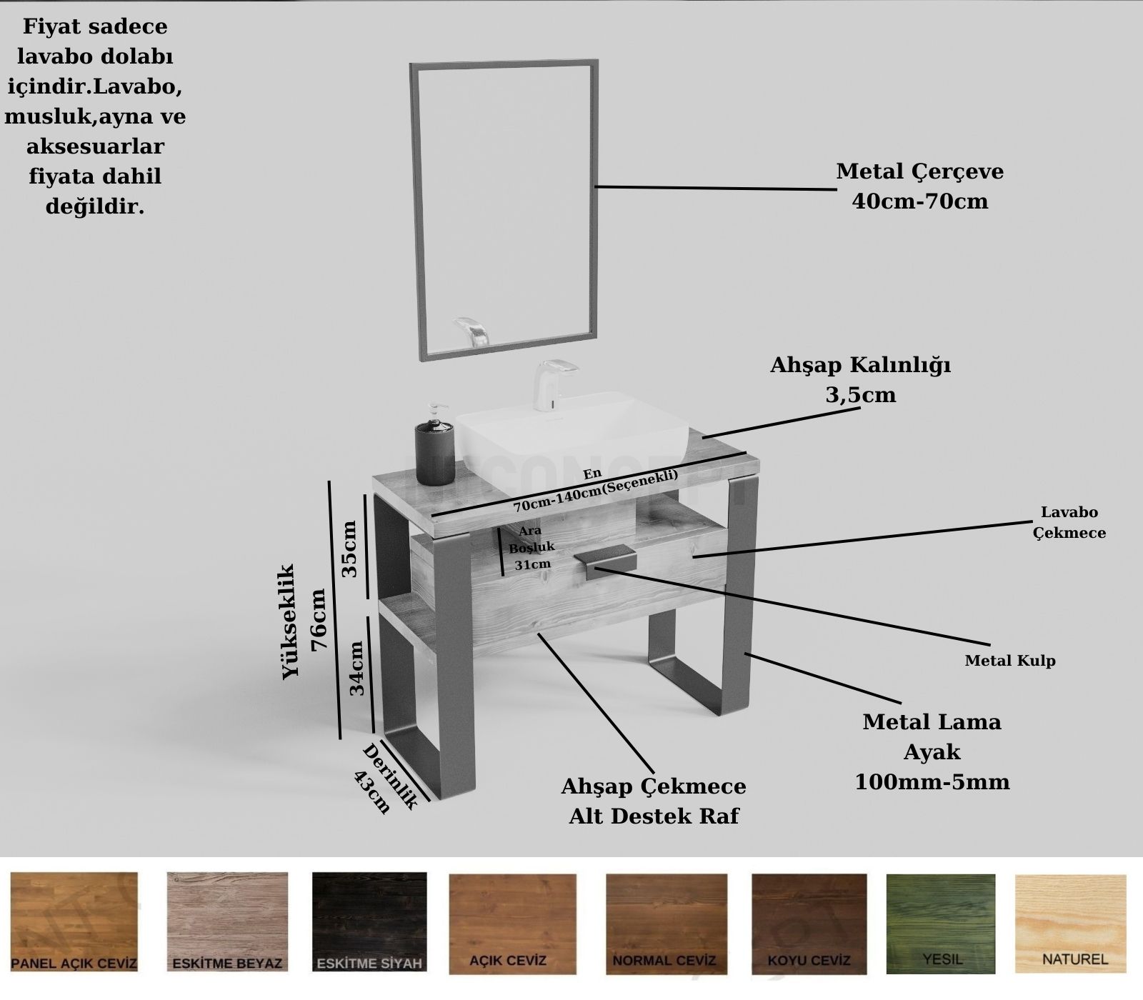 Ntconcept Mina Ayna Çerçeveli Masif Ahşap Lavabo Dolabı Hilton